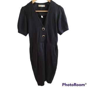 St. John Black Dress 4 Button Chest Puff Sleeve V-neck Flaw